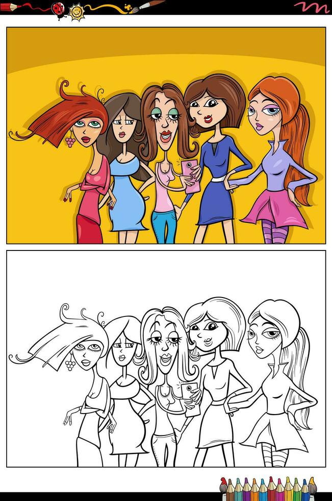 desenho animado mulheres e meninas personagens grupo coloração página vetor