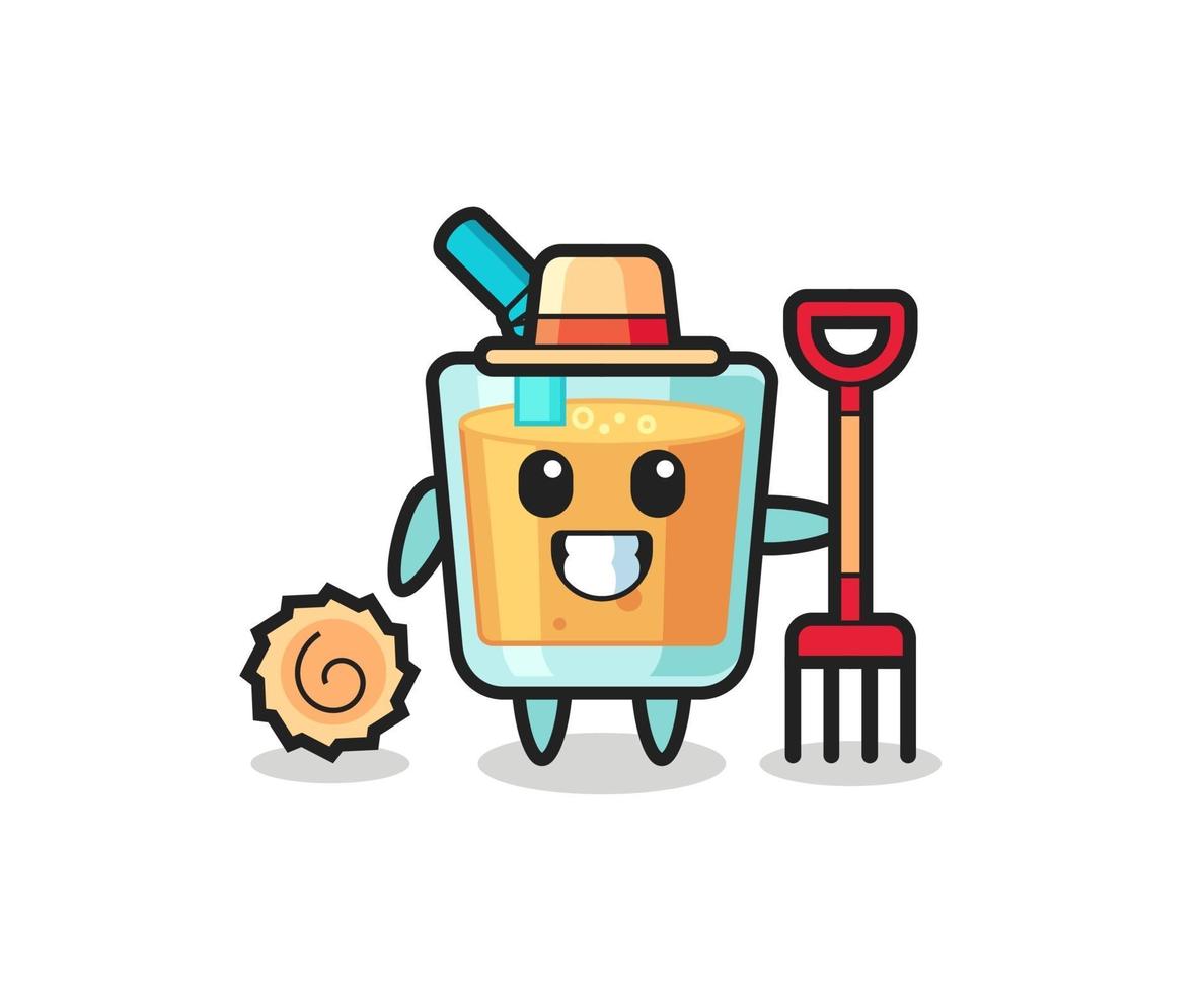 personagem mascote do suco de laranja como agricultor vetor