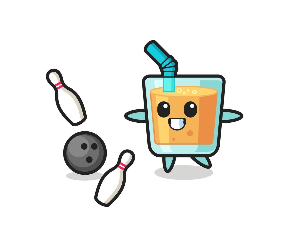 personagem de desenho animado de suco de laranja jogando boliche vetor