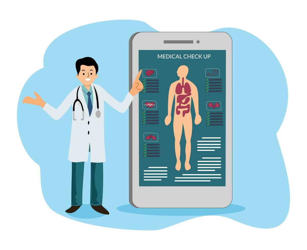 masculino médico fazendo médico Verifica acima conectados e médico consulta com Smartphone vetor