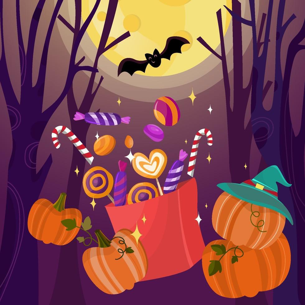 travessura ou travessura de halloween com fundo de saco de doces vetor