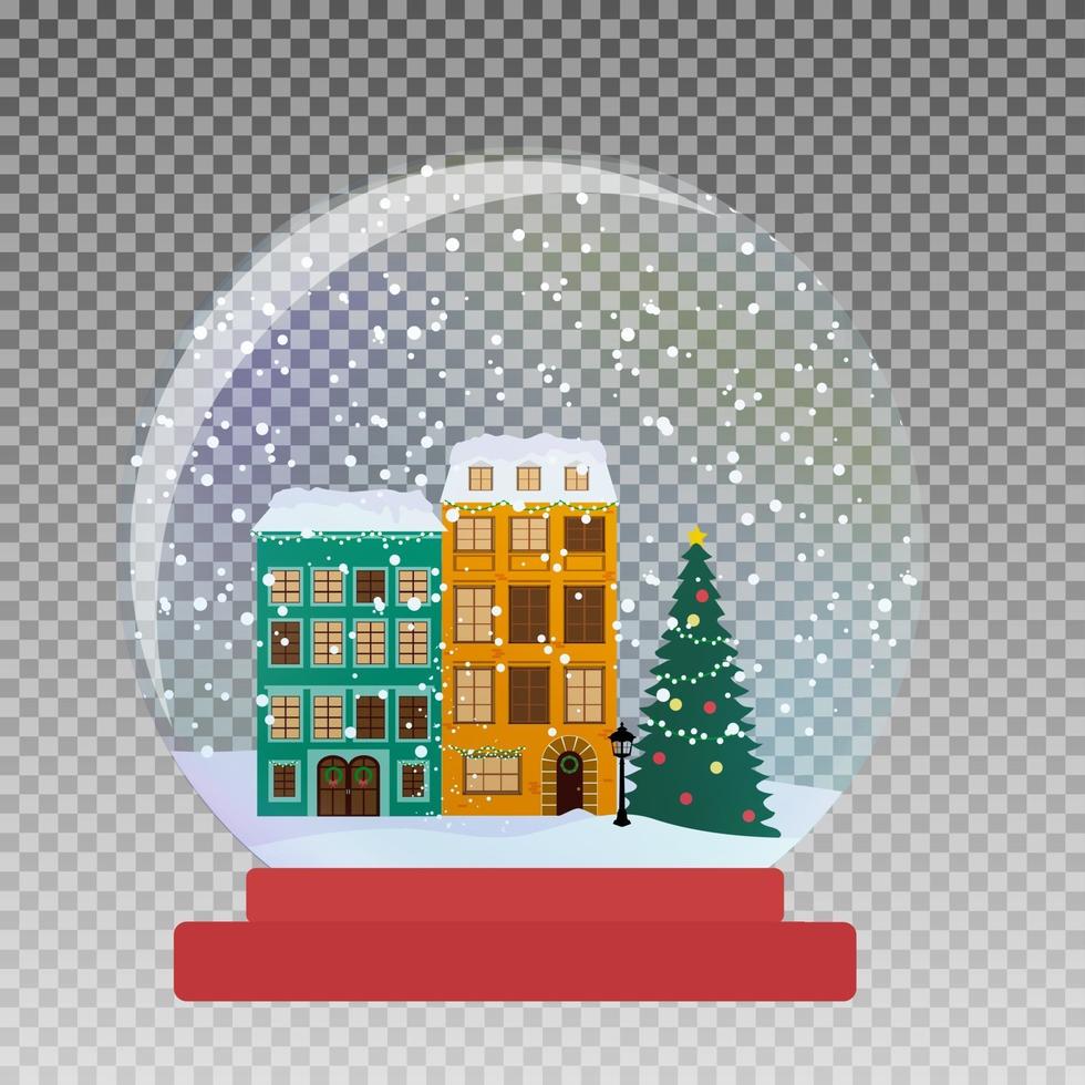 globo de vidro de neve com uma pequena cidade no inverno para o natal vetor