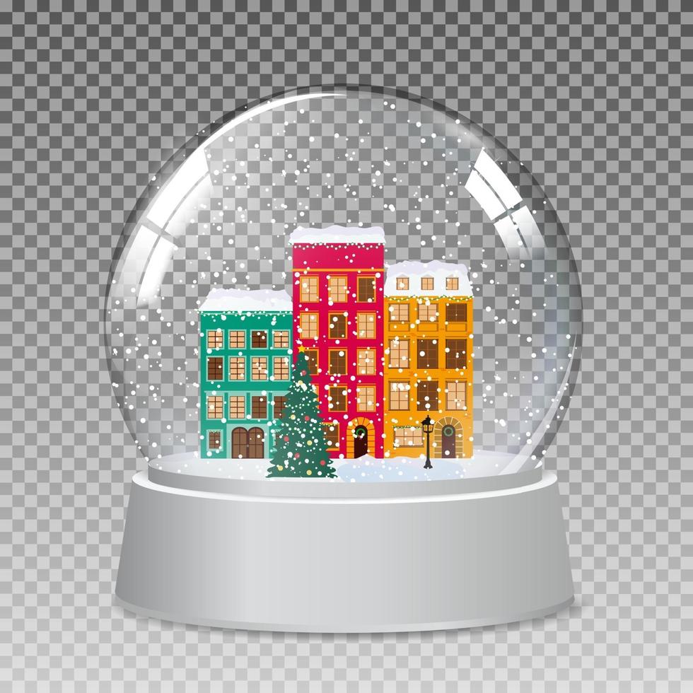 globo de vidro de neve com uma pequena cidade no inverno natal vetor