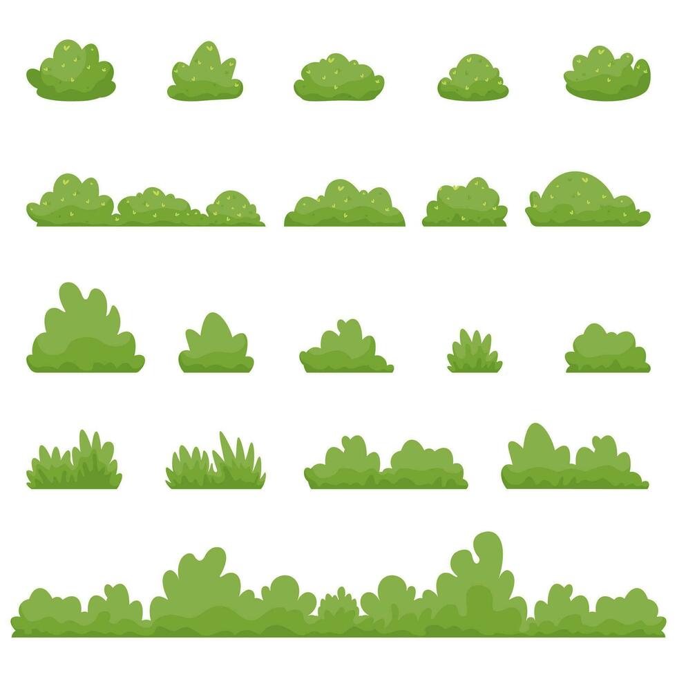 arbustos e verde espesso plantas desenho animado. arbusto do diferente formas parque plantas definir. vetor plano desenho animado ilustração isolado em branco