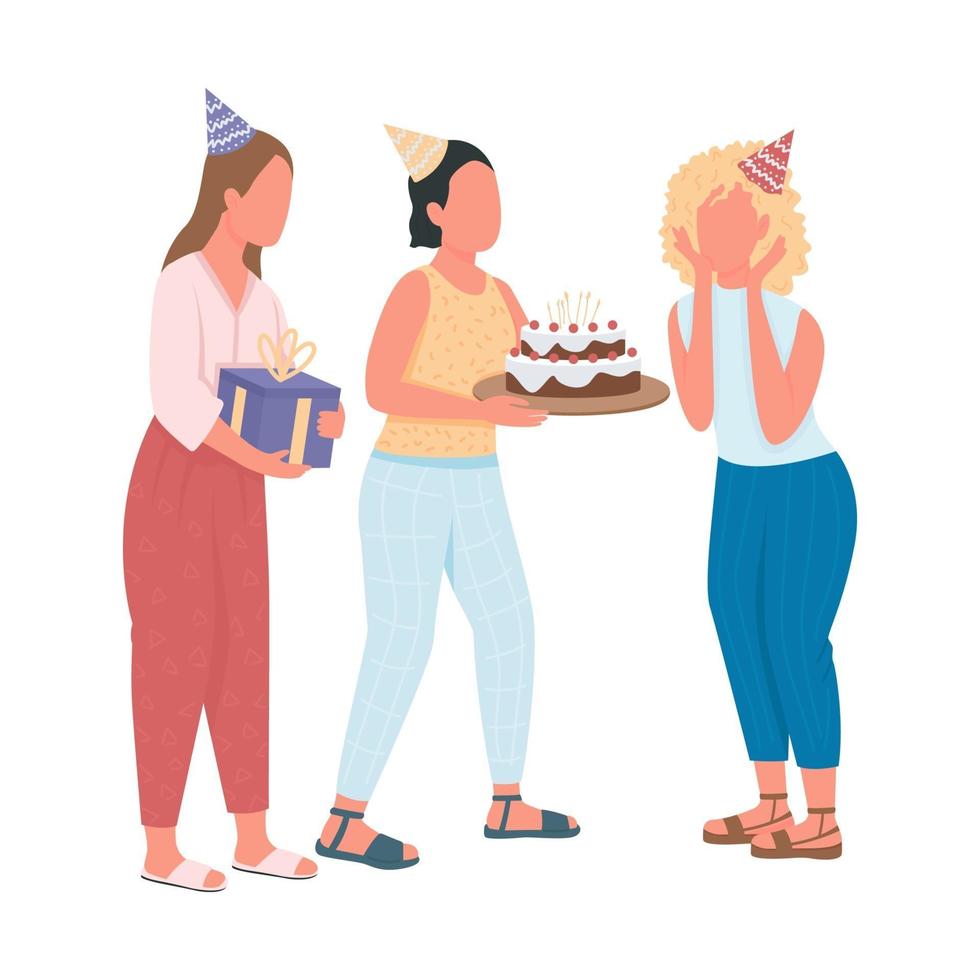 meninas apresentando surpresa de aniversário para personagens de cor lisa de amigos vetor