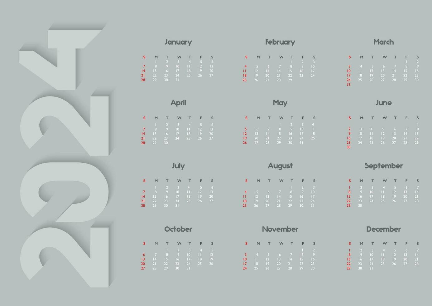 2024 ano calendário. minimalismo estilo. semana começa em Domingo. simples calendário layout. escrivaninha ou parede a3 formato calendário modelo com 12 mês. vetor