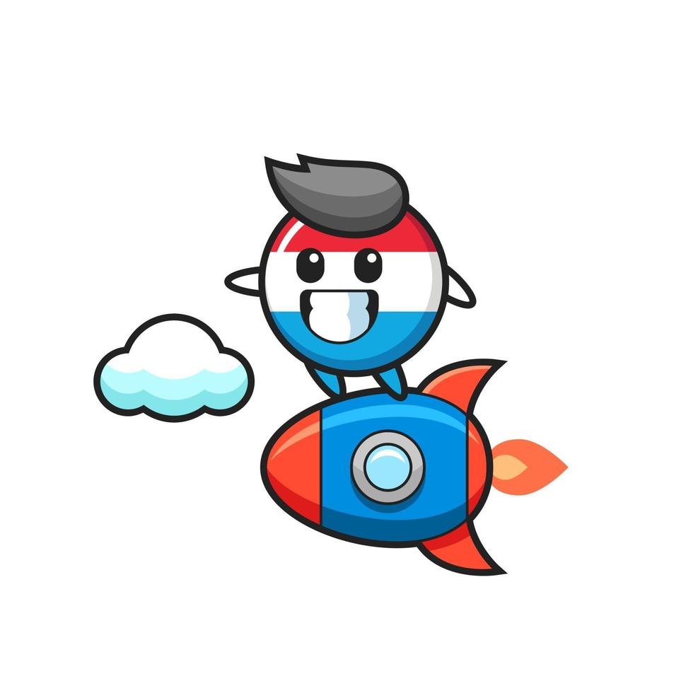 Personagem mascote do emblema da bandeira do luxemburgo pilotando um foguete vetor