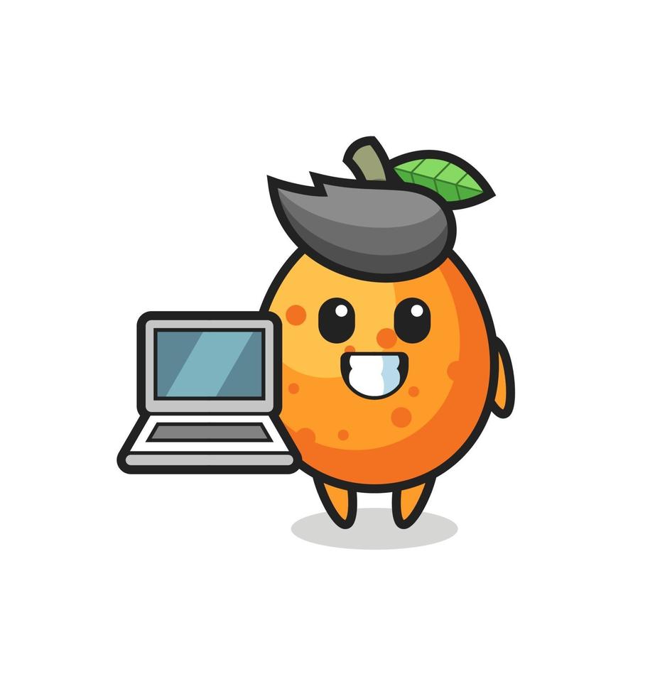 ilustração do mascote do kumquat com um laptop vetor