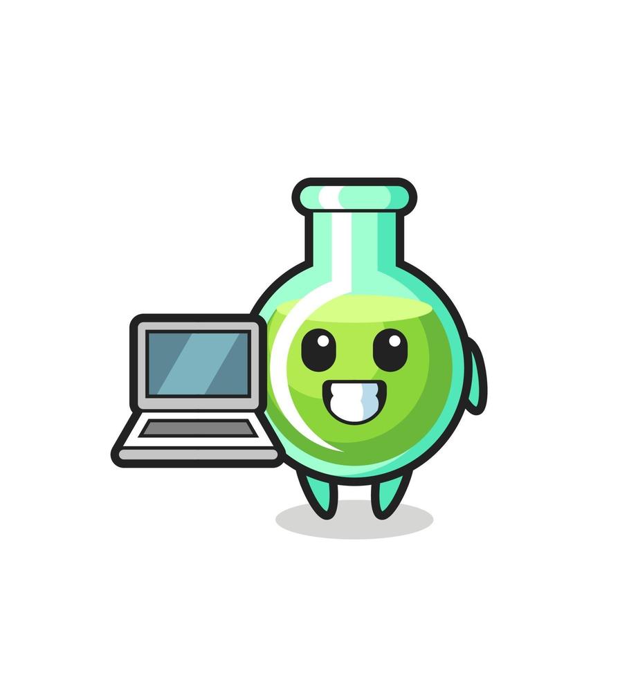 ilustração do mascote de copos de laboratório com um laptop vetor