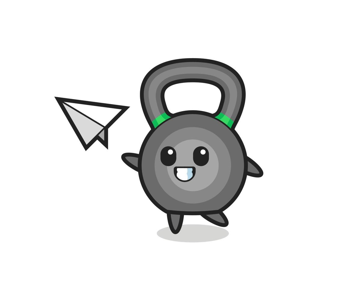 personagem de desenho animado de kettlebell jogando avião de papel vetor