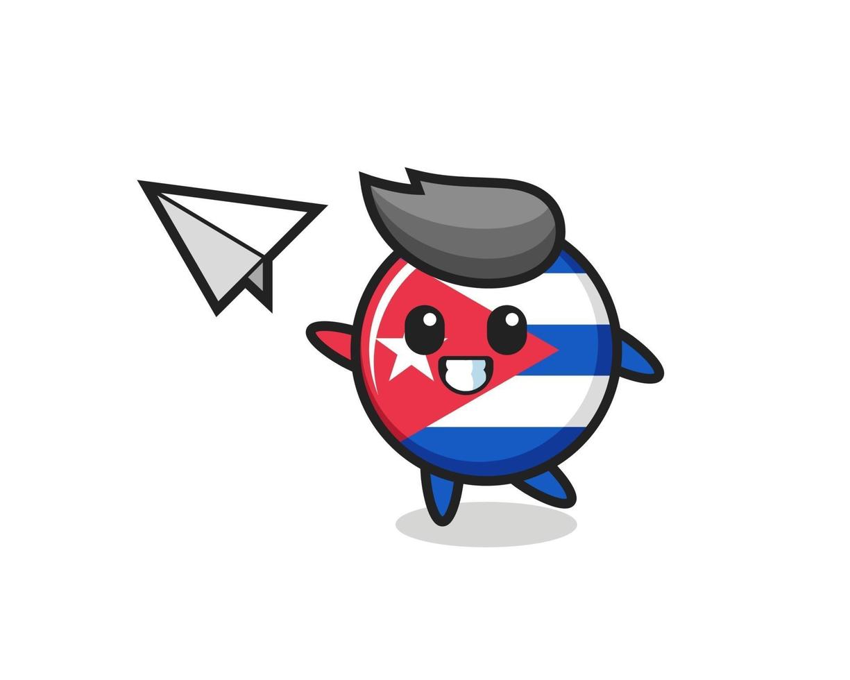 personagem de desenho animado do emblema da bandeira de cuba jogando avião de papel vetor