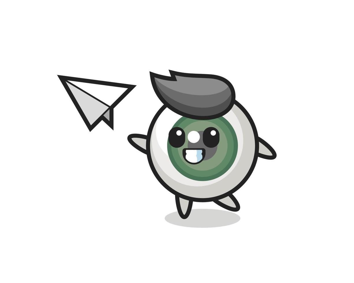 personagem de desenho animado do globo ocular jogando avião de papel vetor