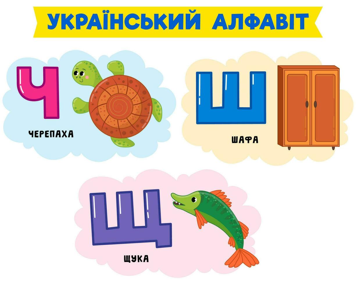 ucraniano alfabeto dentro fotos. vetor ilustração. escrito dentro ucraniano tartaruga, pique, guarda roupa