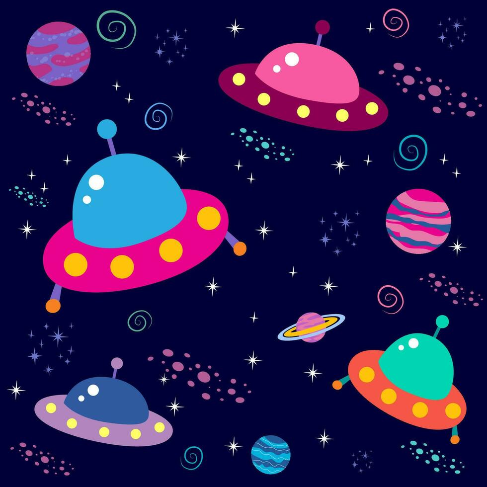 desatado padronizar com espaço objetos, planetas, foguetes, estrelas, cometas, naves espaciais dentro desenho animado estilo. vetor ilustração