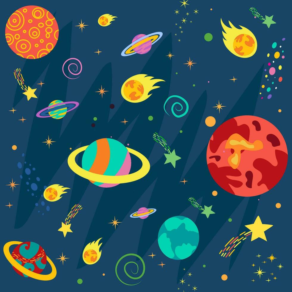 desatado padronizar com espaço objetos, planetas, foguetes, estrelas, cometas, naves espaciais dentro desenho animado estilo. vetor ilustração