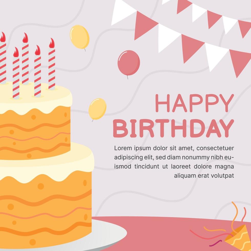 cartão de aniversário com modelo de bolo de aniversário e decoração de balão vetor