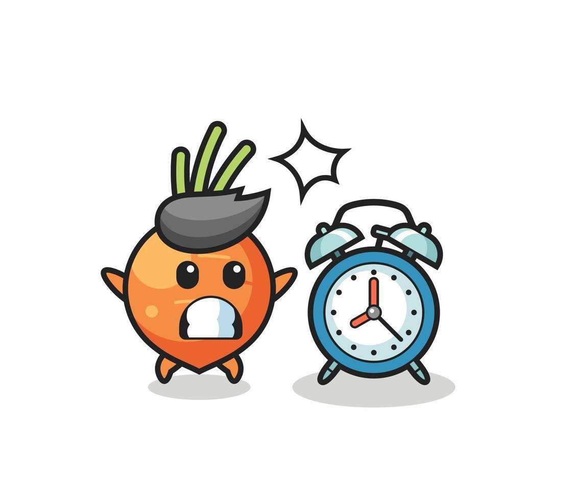 ilustração dos desenhos animados de cenoura é surpreendida com um despertador gigante vetor
