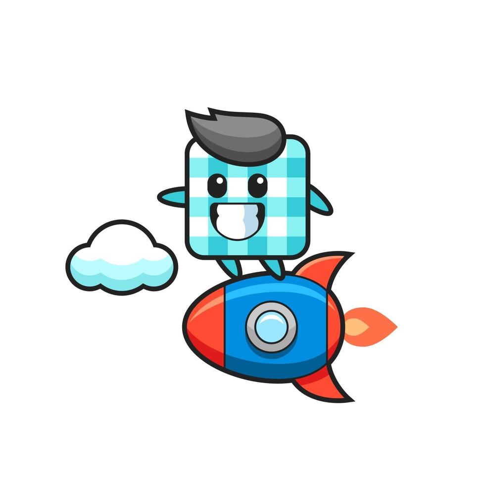 personagem mascote de toalha de mesa quadriculada pilotando um foguete vetor