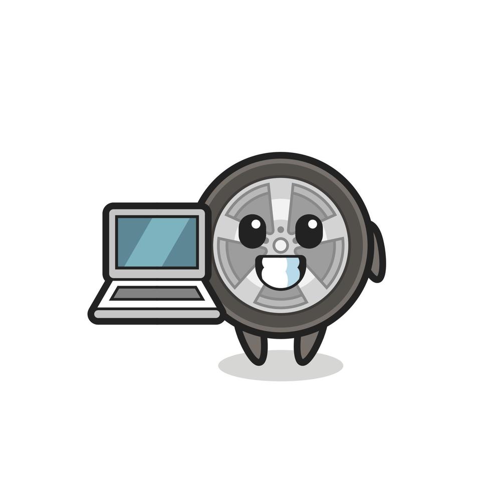 ilustração do mascote da roda do carro com um laptop vetor