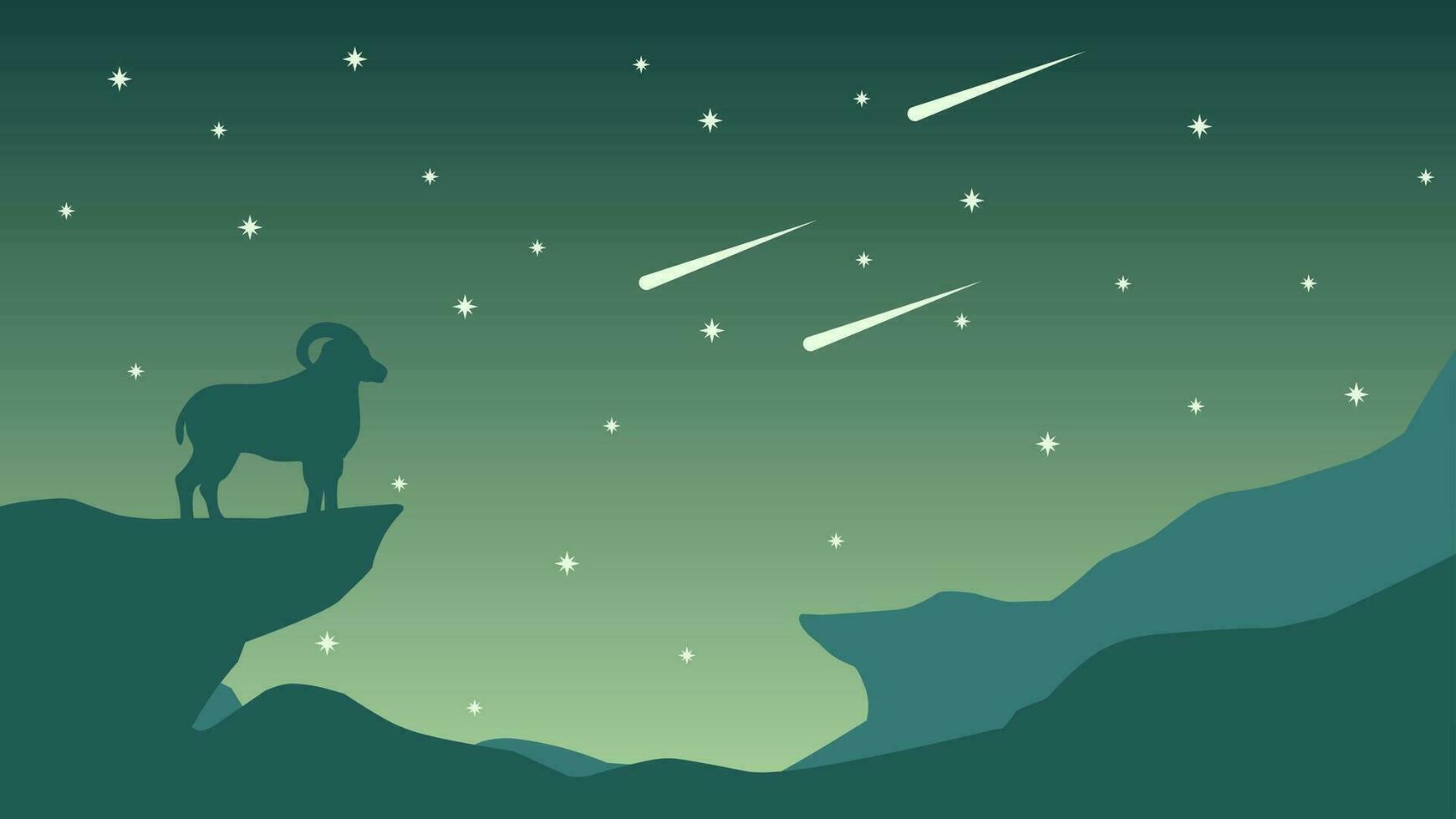 animais selvagens dentro a noite panorama vetor ilustração. silhueta do RAM dentro a noite com estrelado céu e tiroteio estrelas. animais selvagens panorama para fundo, papel de parede ou aterrissagem página