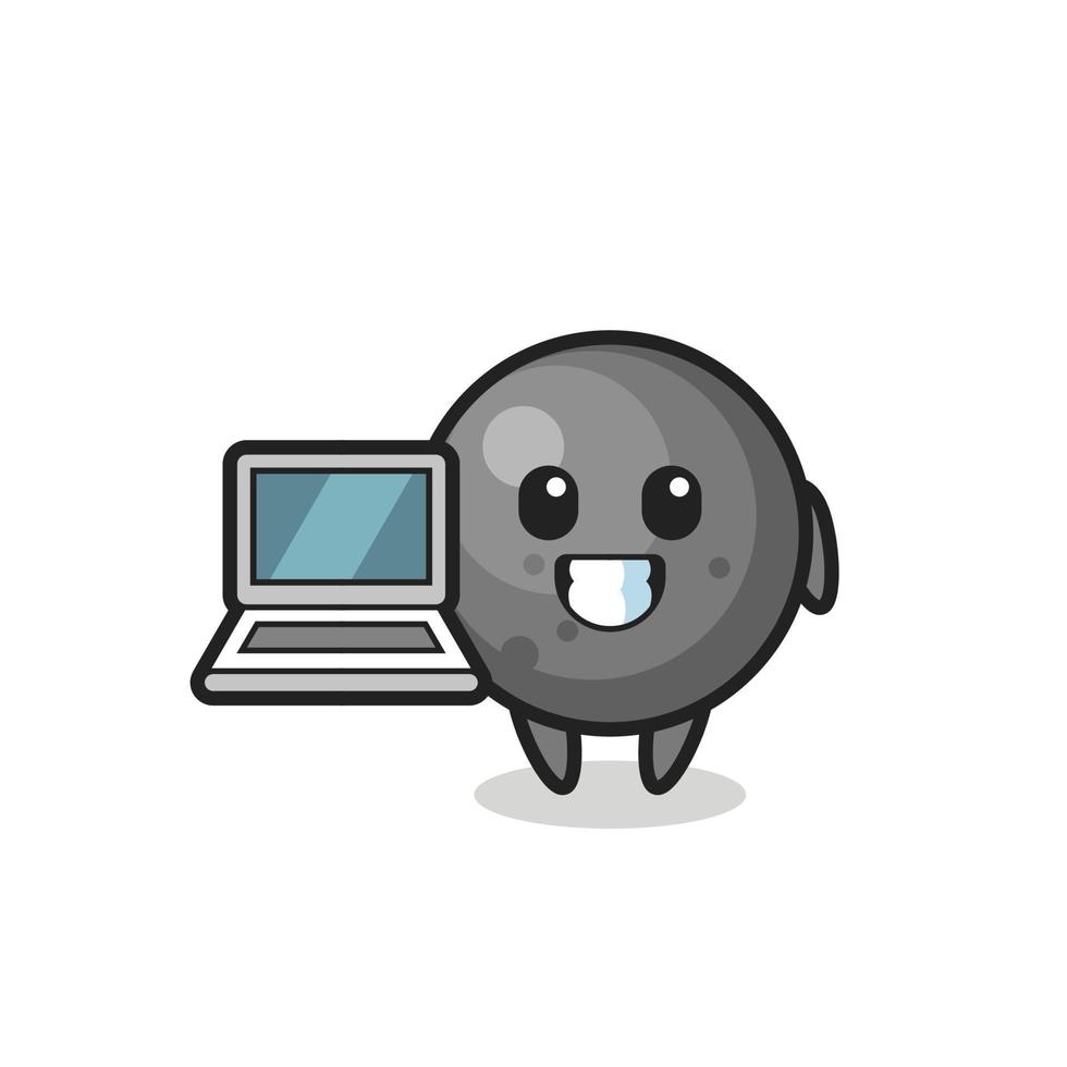 ilustração do mascote da bola de canhão com um laptop vetor