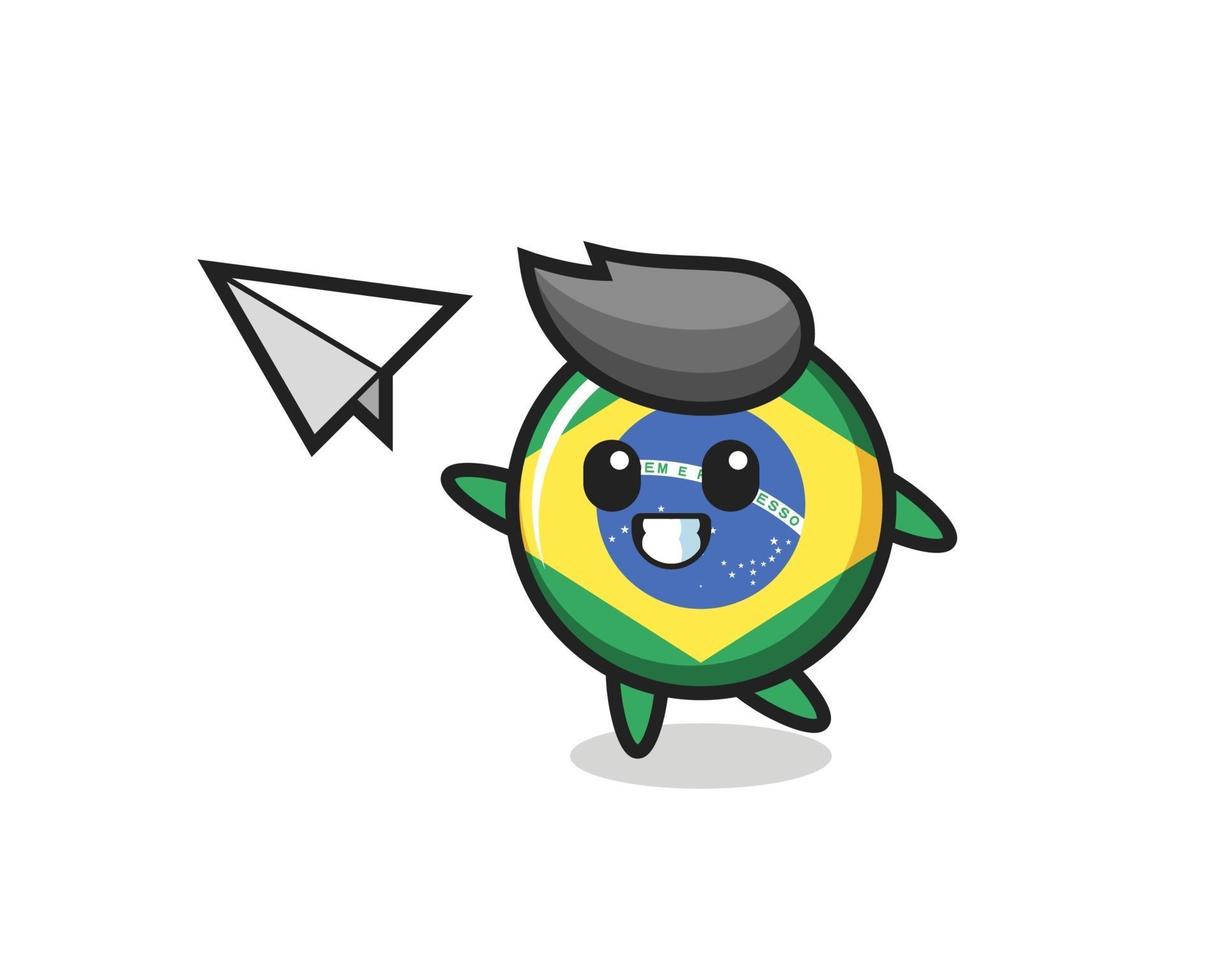 personagem de desenho animado do distintivo da bandeira do brasil jogando avião de papel vetor