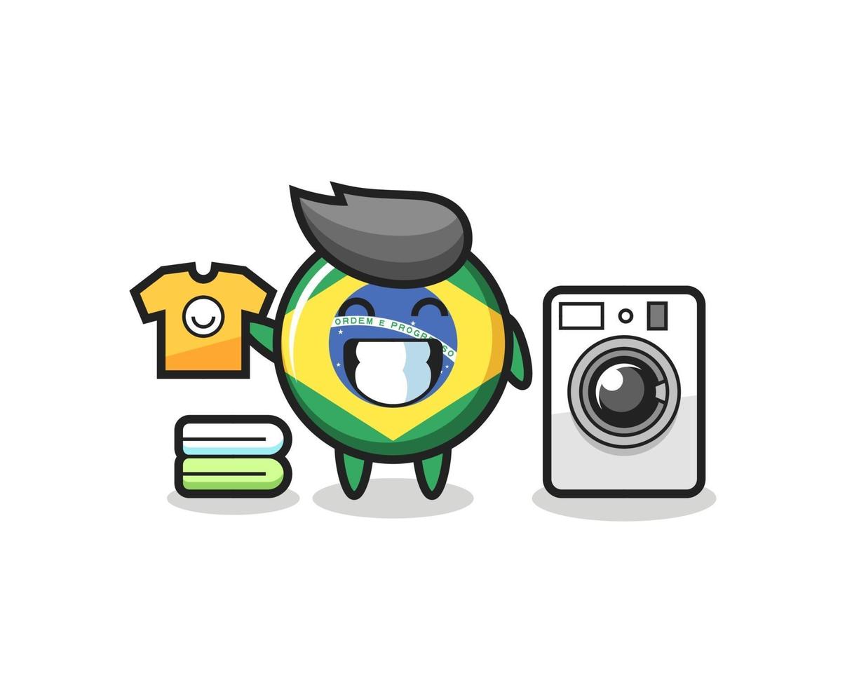 mascote do distintivo da bandeira do brasil com máquina de lavar vetor