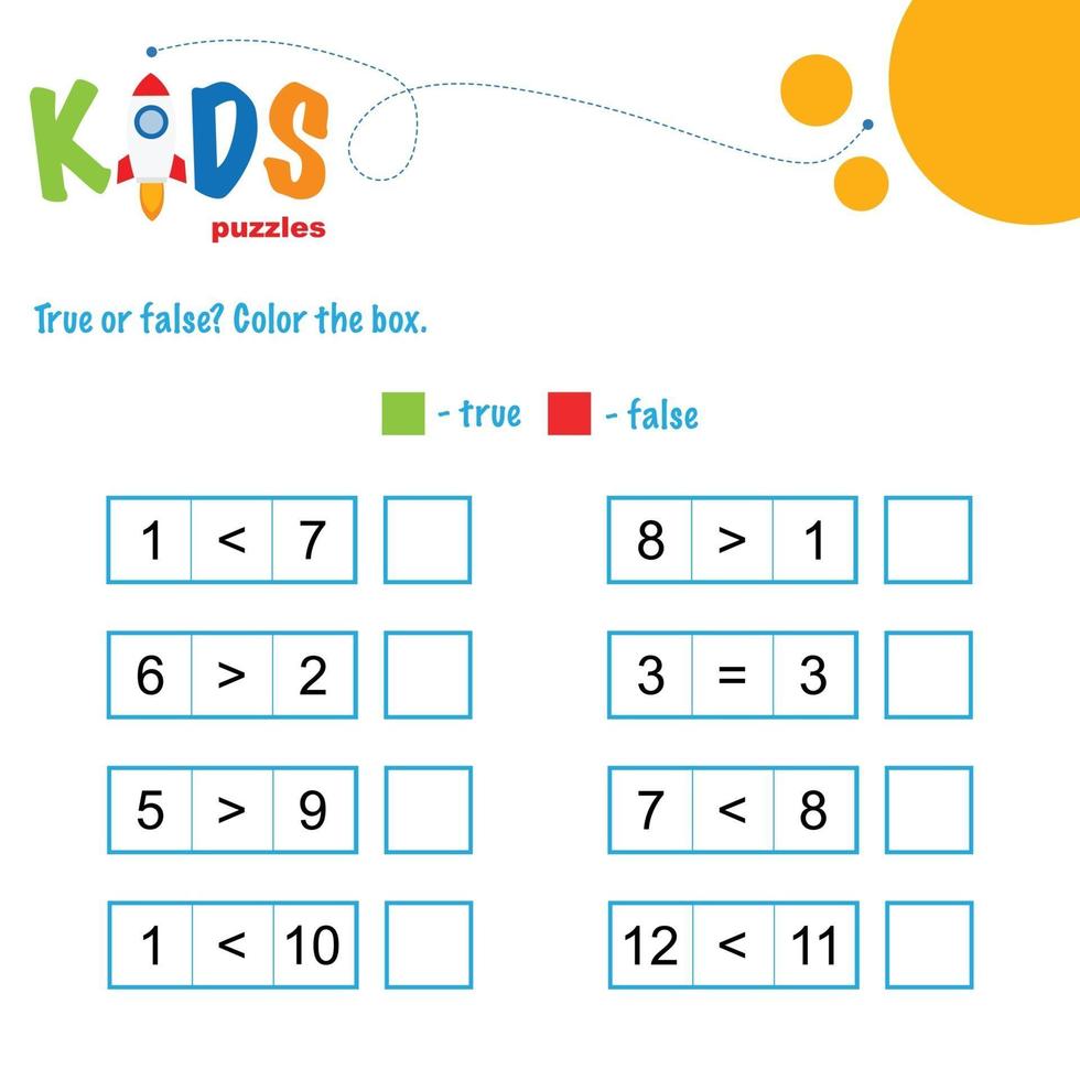 verdadeiro ou falso. comparação de números, planilha de matemática para impressão vetor