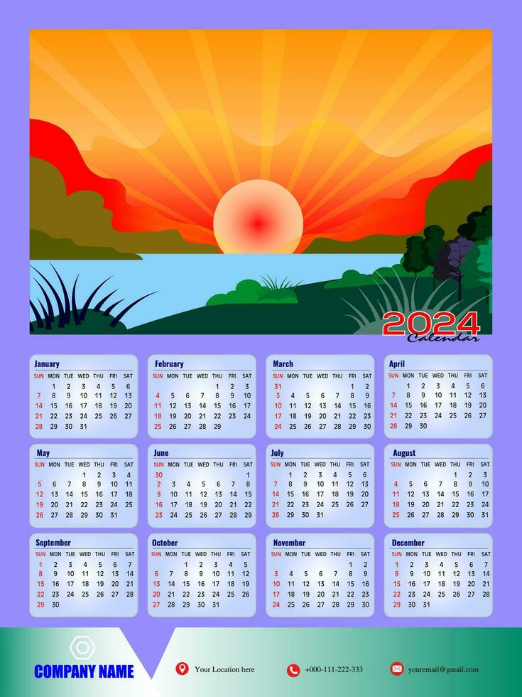 2024 1 página parede calendário Projeto modelo, moderno 12 meses 1 página calendário. moderno parede calendário Projeto 2024. impressão pronto 1 página parede calendário modelo Projeto para 2024. semana começa em Domingo. vetor