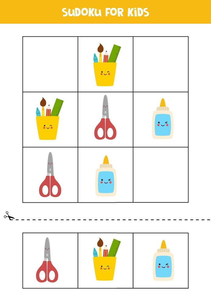 jogo de sudoku para crianças com material escolar de desenho animado. vetor
