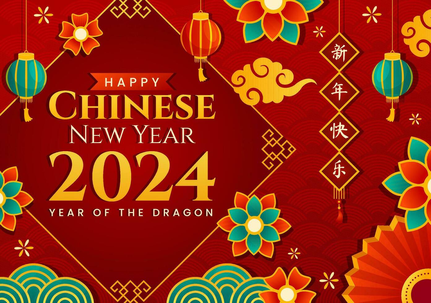 feliz chinês Novo ano 2024 vetor ilustração. tradução ano do a Dragão. com flor, lanterna, dragões e China elementos em fundo