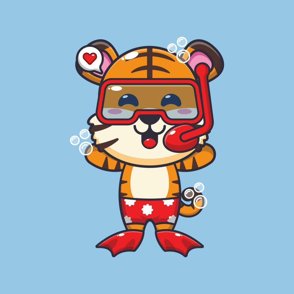 fofa tigre mergulho desenho animado mascote personagem ilustração. fofa verão desenho animado ilustração. vetor