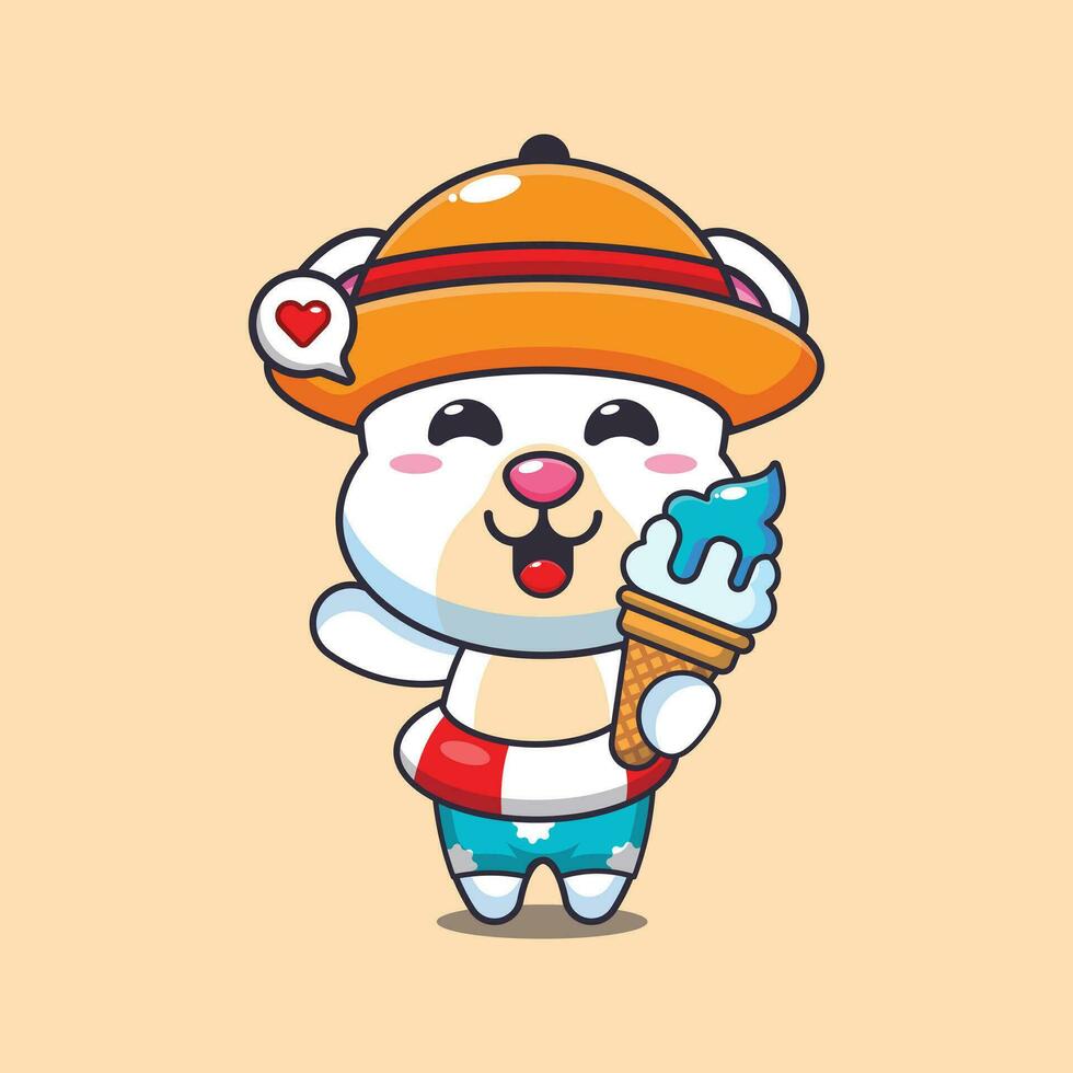 fofa polar Urso com gelo creme em de praia desenho animado ilustração. fofa verão desenho animado ilustração. vetor