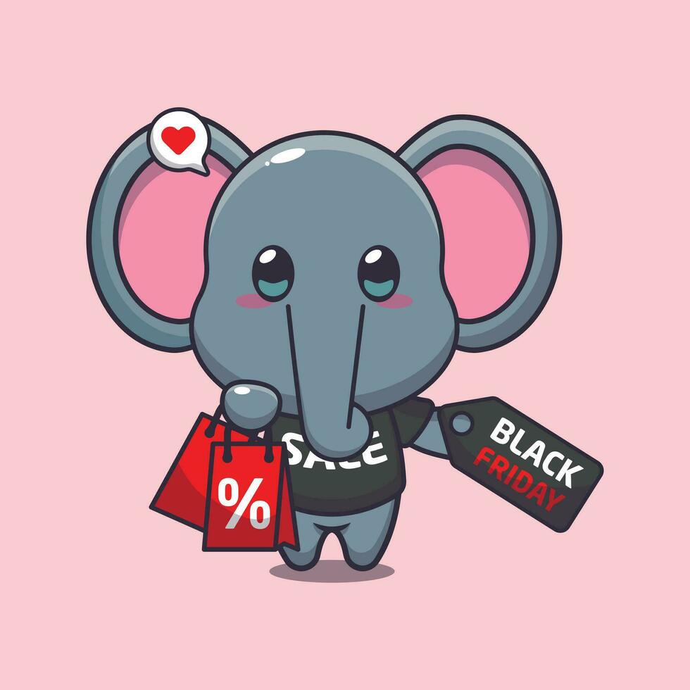 fofa elefante com compras saco e Preto Sexta-feira venda desconto desenho animado vetor ilustração