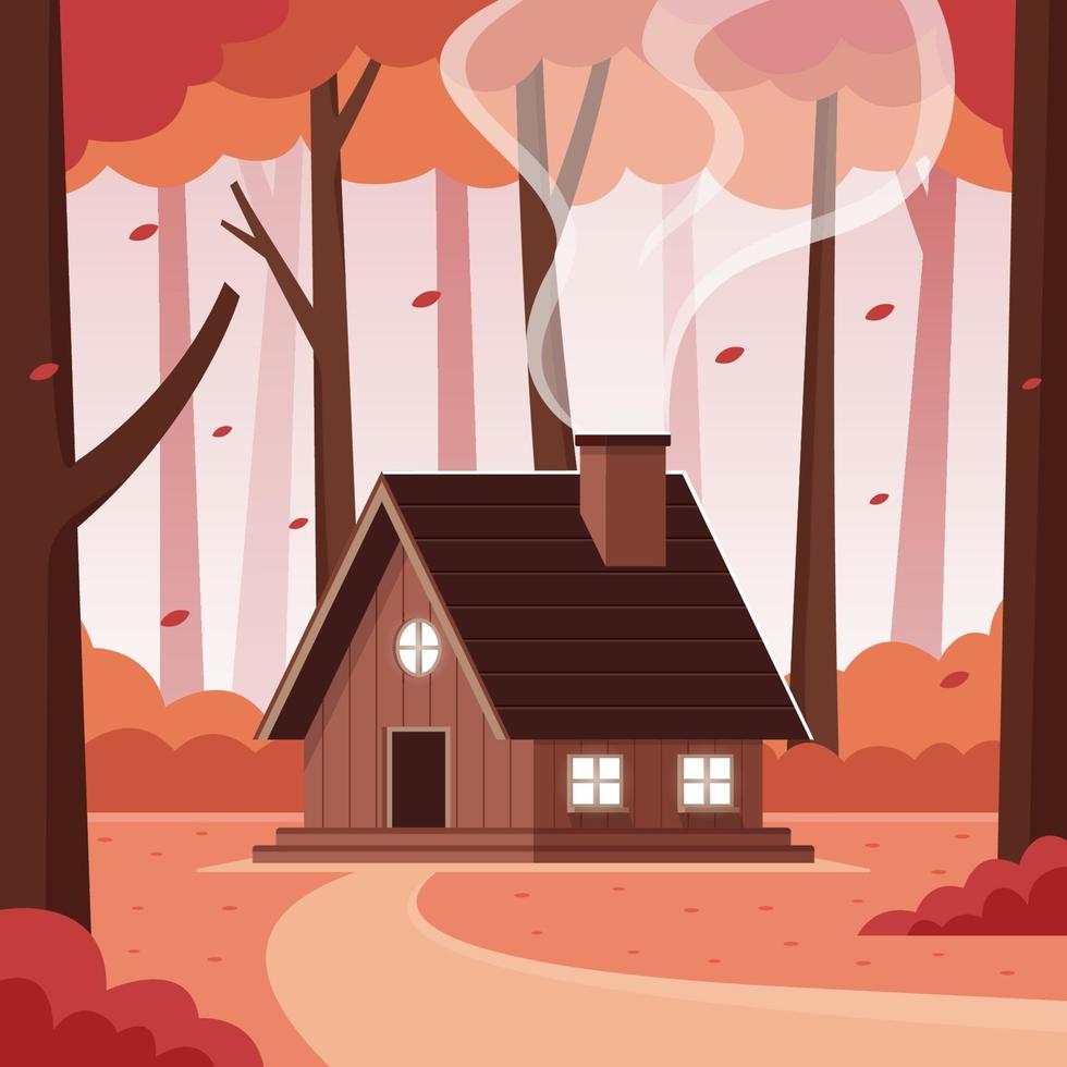 cabana na montanha na floresta durante o outono vetor