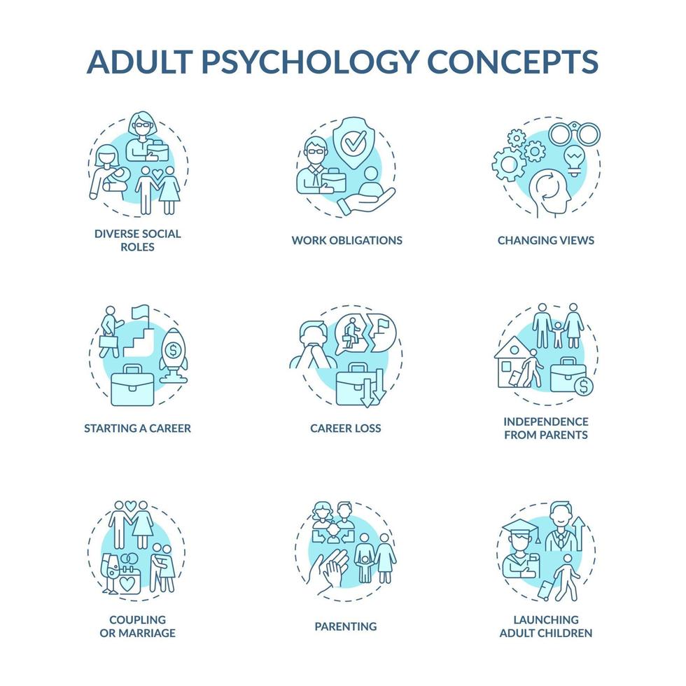 conjunto de ícones de conceito azul de psicologia adulta vetor