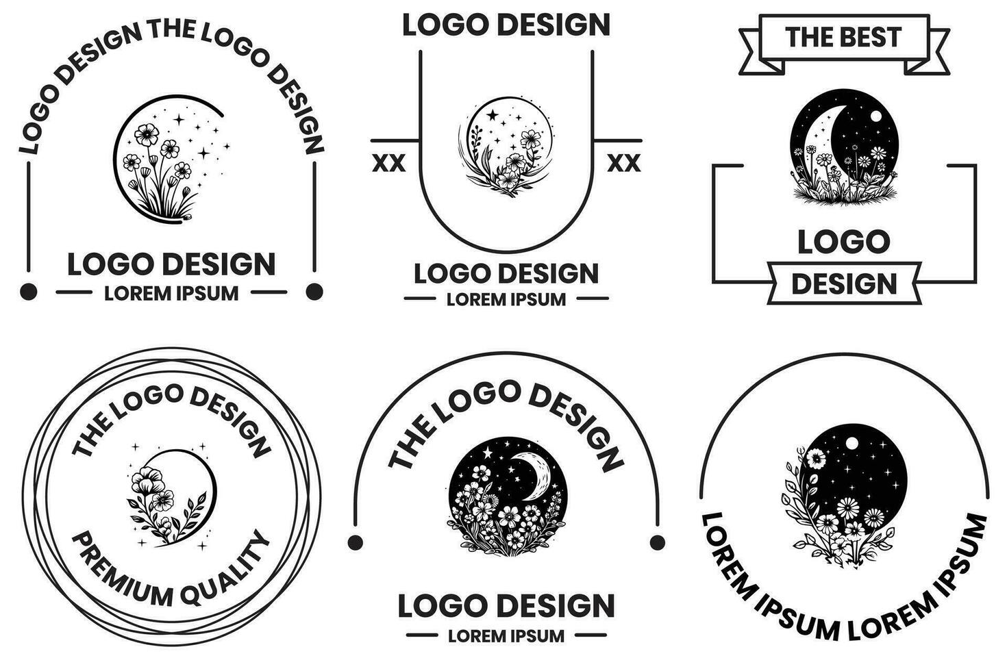 lua com flores logotipo dentro plano linha arte estilo vetor