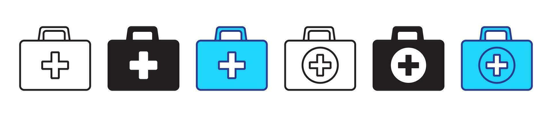 primeiro ajuda caixa linha e plano ícones definir. primeiro ajuda kit, médico Cuidado saco ícone símbolo. vetor ilustração.