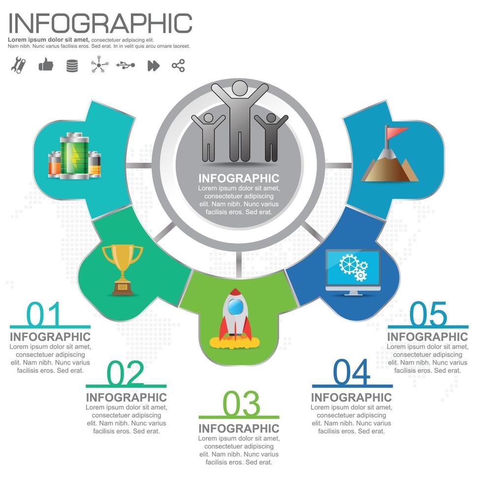 Etapas ou processos de design de infográfico de 5 partes. vetor