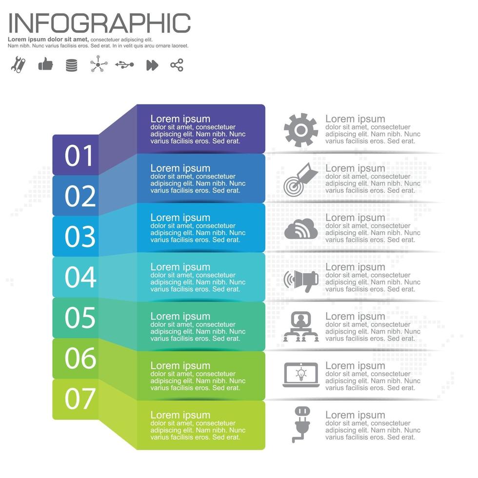 Etapas ou processos de design de infográfico de 7 partes. vetor