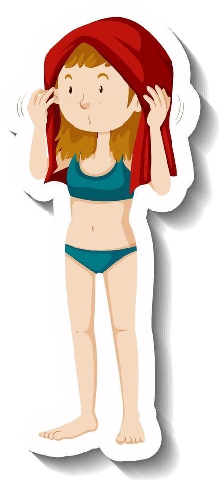 garota secando o cabelo com uma toalha, adesivo de personagem de desenho animado vetor