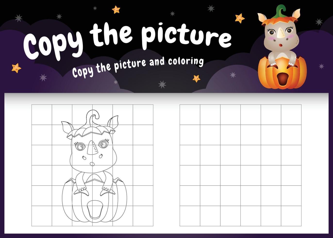 copie o jogo de crianças e a página para colorir com um lindo rinoceronte vetor
