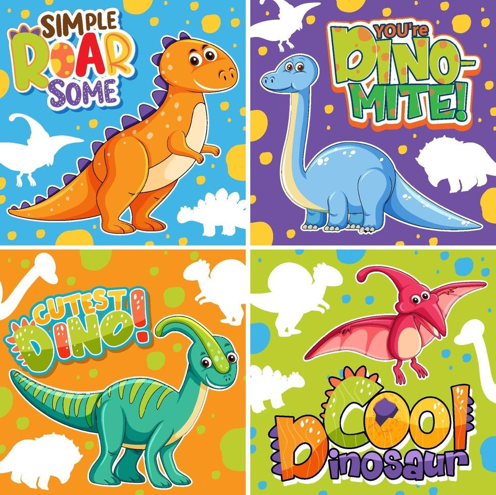 conjunto de diferentes pôsteres de dinossauros fofos com fonte de fala vetor