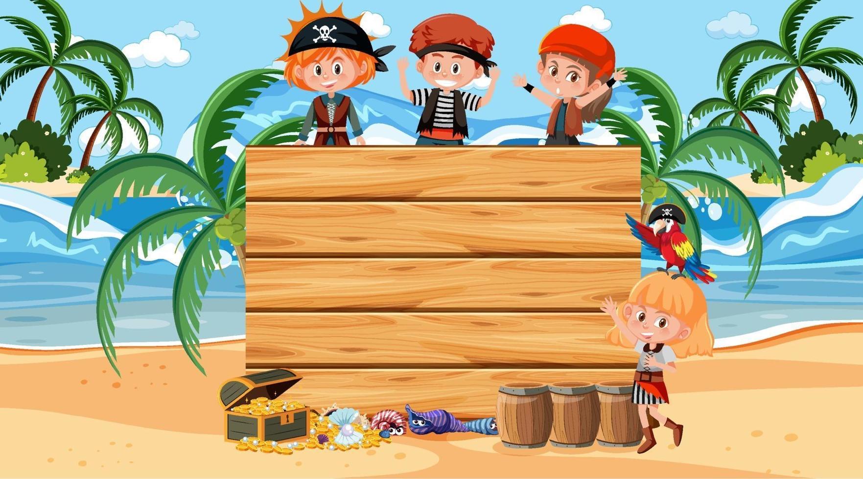 crianças piratas na cena diurna da praia com uma placa de madeira vazia vetor