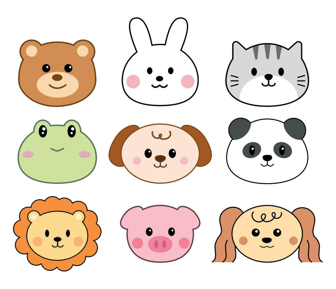 fofa animais face desenho animado. urso, cachorro, gato, sapo, coelho, porco, leão, panda para ícone e ilustração vetor