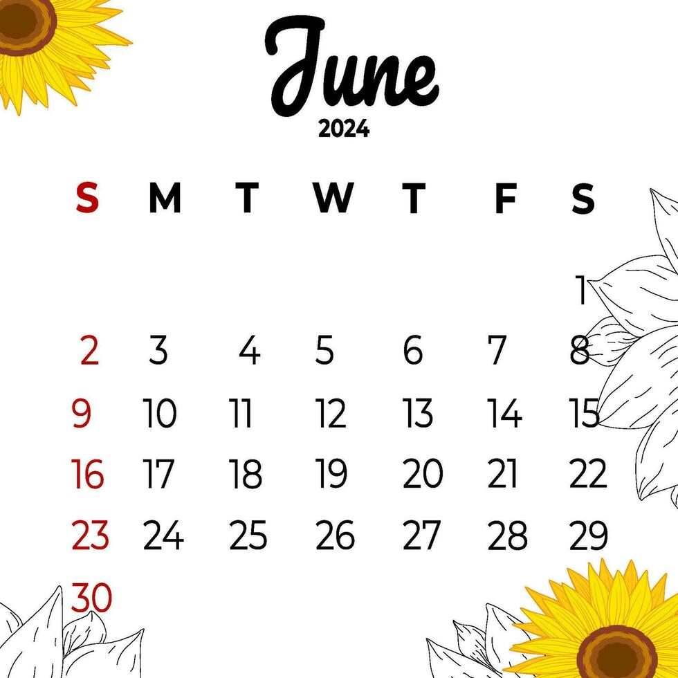 calendário Junho 2024 com estético flores vetor