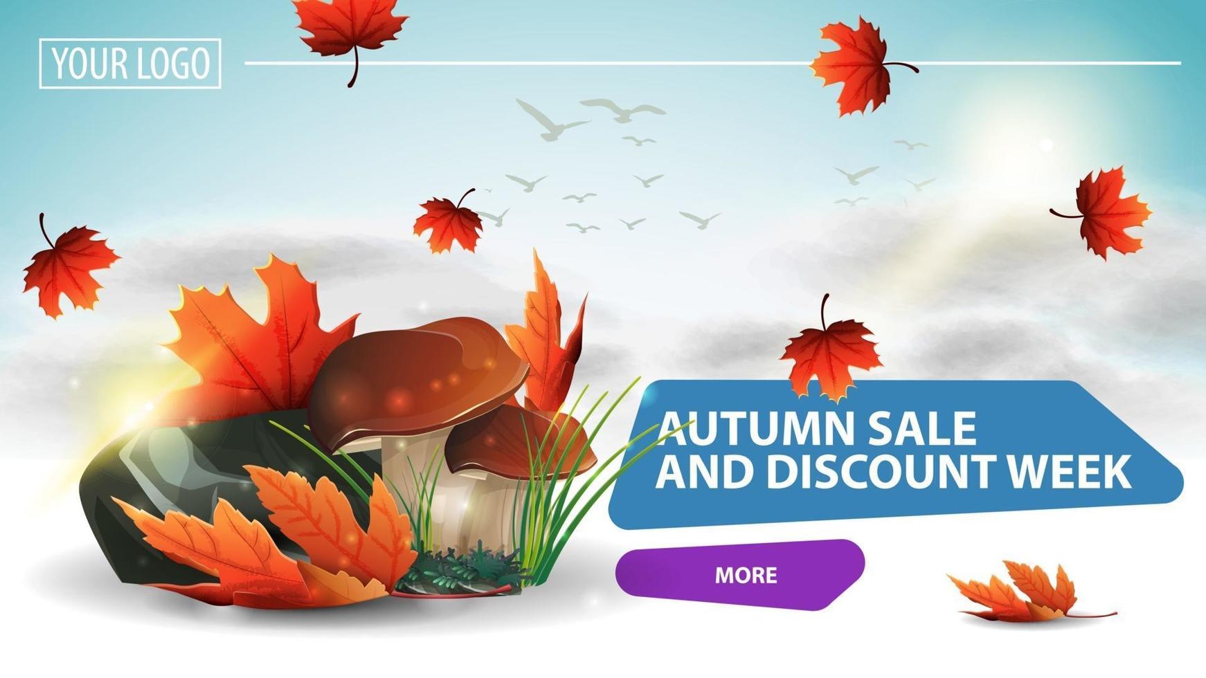 venda de outono e semana de desconto, banner clicável da web com cogumelos vetor