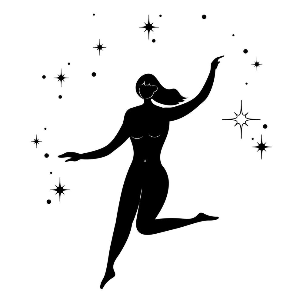 mão desenhado silhueta místico mulher com estrelas. espiritual jovem mulher. Magia esotérico talismã. vetor