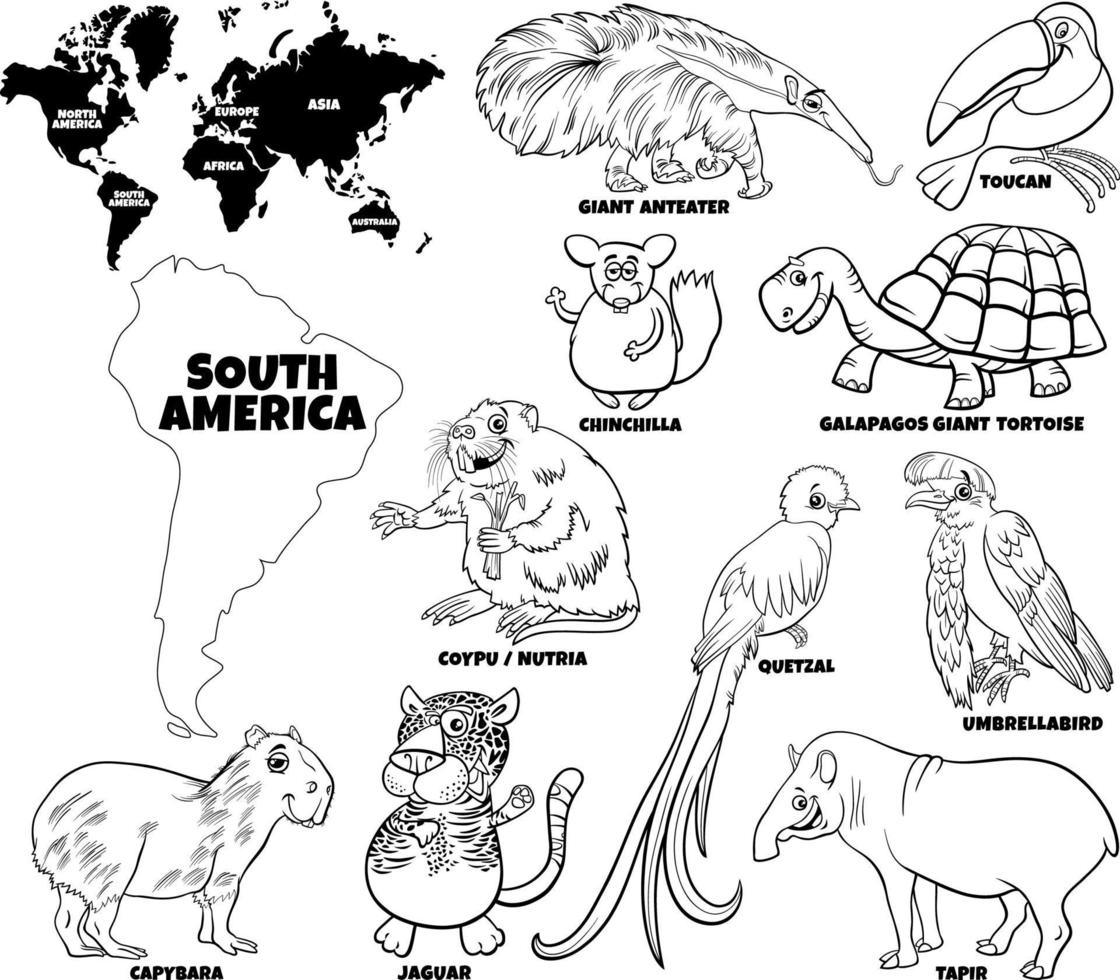 desenhos animados animais da América do Sul definir a página do livro para colorir vetor