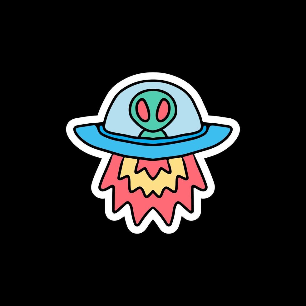 pequeno alienígena com nave espacial, ilustração para adesivo vetor